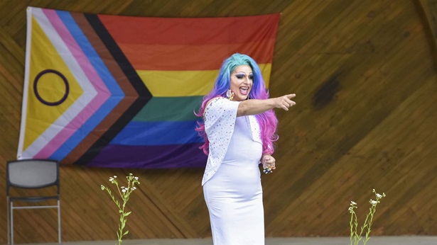 Megan Lynn Thomas, Miss Pottsville Pride 2021, performs at a pride festival at the Schuylkill County Fairgrounds in Summit Station, Pa., in June. Republicans in multiple states are claiming drag performances are inherently sexual or obscene, pushing measures that would make it a crime to perform them anywhere children might be present.