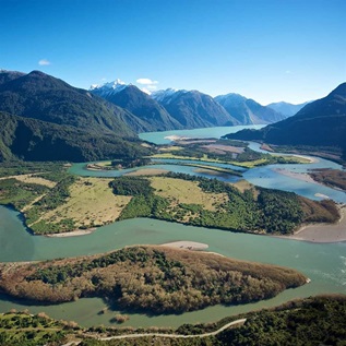 Scenic overview of The Puelo River Valley, in Chile’s Los Lagos Region