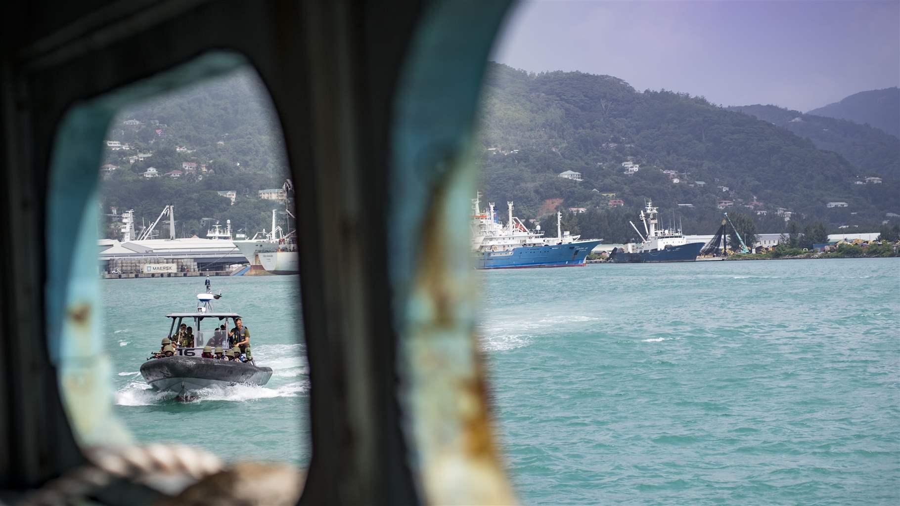 Comoros coast guard members participate in visit, board, search and seizure drills during exercise Cutlass Express 2018 in Victoria, Seychelles, Feb. 5.