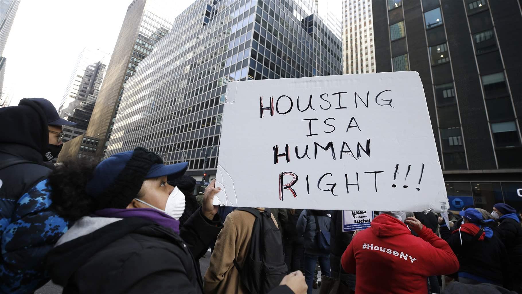 People march through the streets in support of an extension to the rent moratorium witch is to expire at the end of the week, on January 15, 2022 in New York City, USA. New York State Governor Kathy Hochul announced that the eviction and foreclosure moratorium will expire as the state has run out of money and has so far spent  2.4 billion dollars in federal funding for emergency rent relief. Additional 27 million is expected which is a portion of one billion sought from the Federal Government. Tenants can opt to file an application with the state to show their financial hardship resulting from the pandemic. (Photo by John Lamparski/NurPhoto)