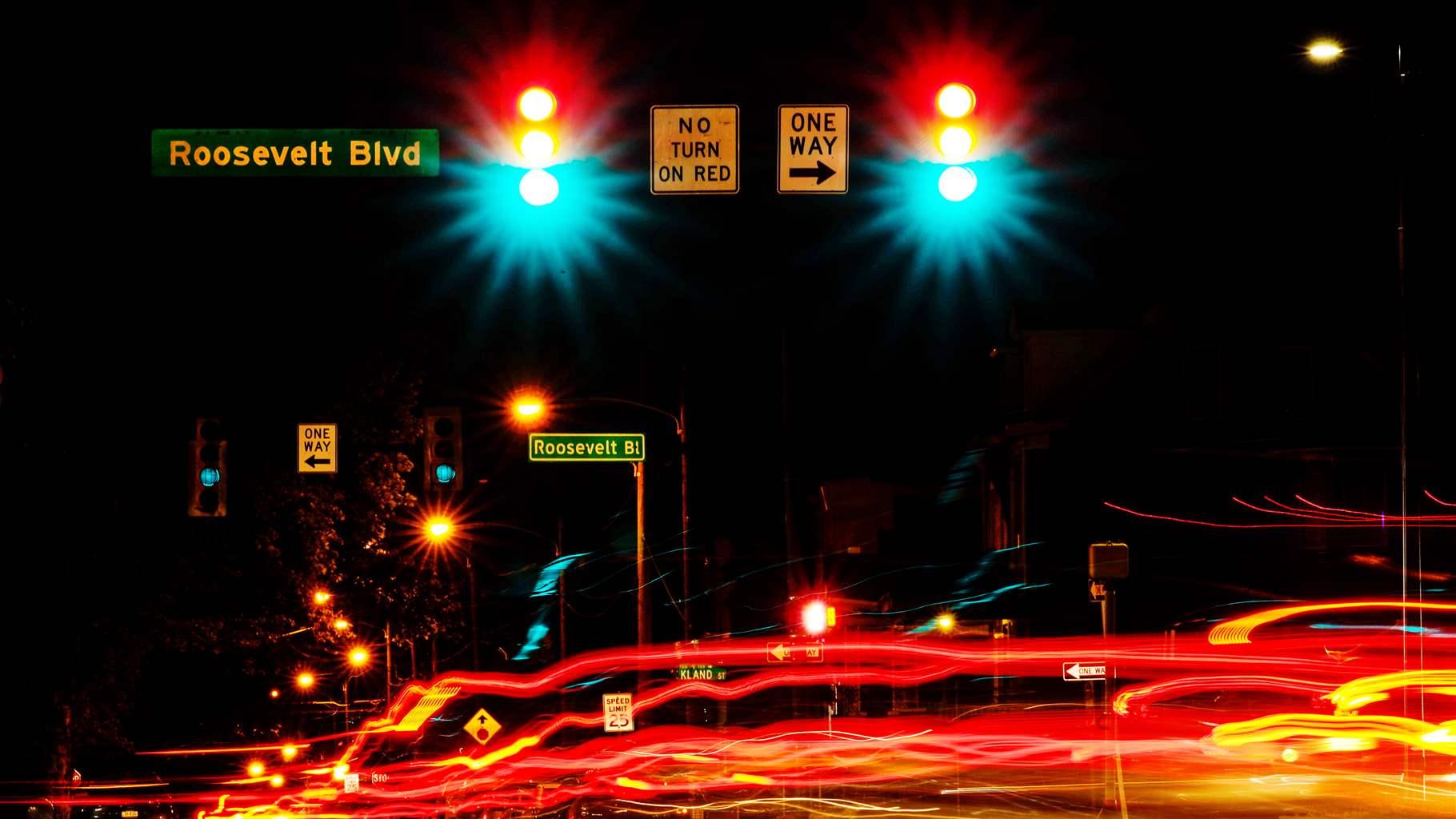 This long exposure photo shows traffic crossing Roosevelt Boulevard in Philadelphia, Wednesday, May 25, 2022.