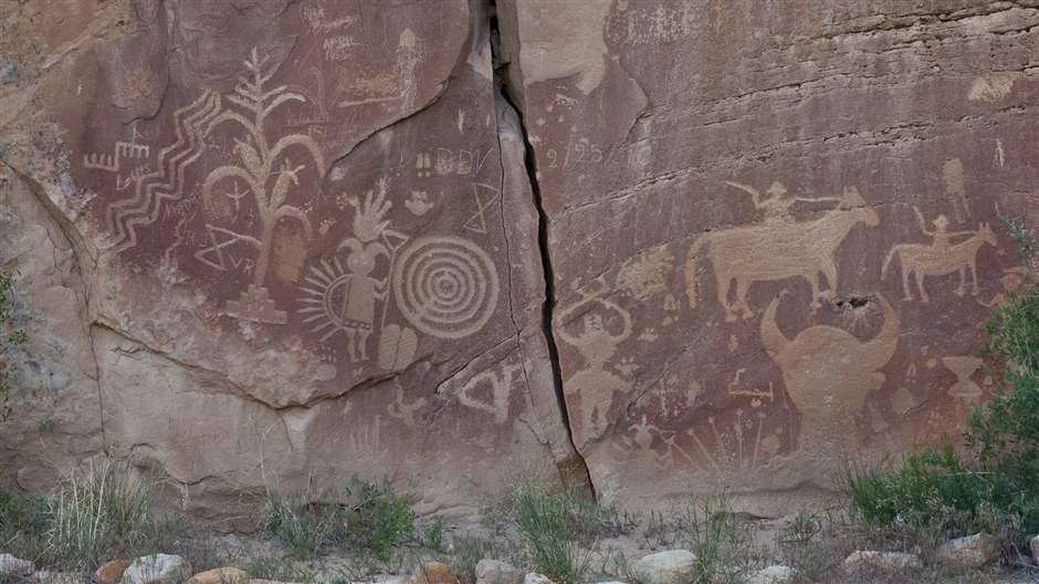 A close-up view of a rock wall in a desert area of New Mexico shows a handful of petroglyphs, including of people riding horses, heads of livestock, people in ornate dress, and other non-recognizable symbols.  