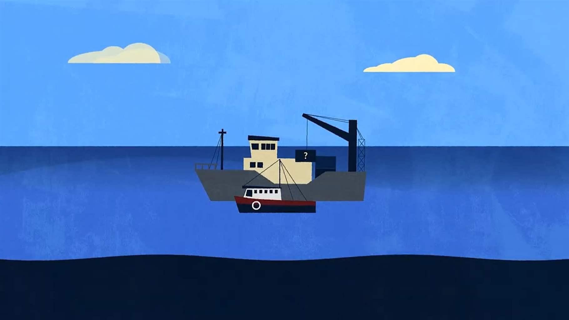 A still from an animation depicts a blue sky with white fluffy clouds, where a small red, white, and blue fishing vessel offloads its catch to a larger gray, beige, and black carrier vessel, somewhere in a blue ocean