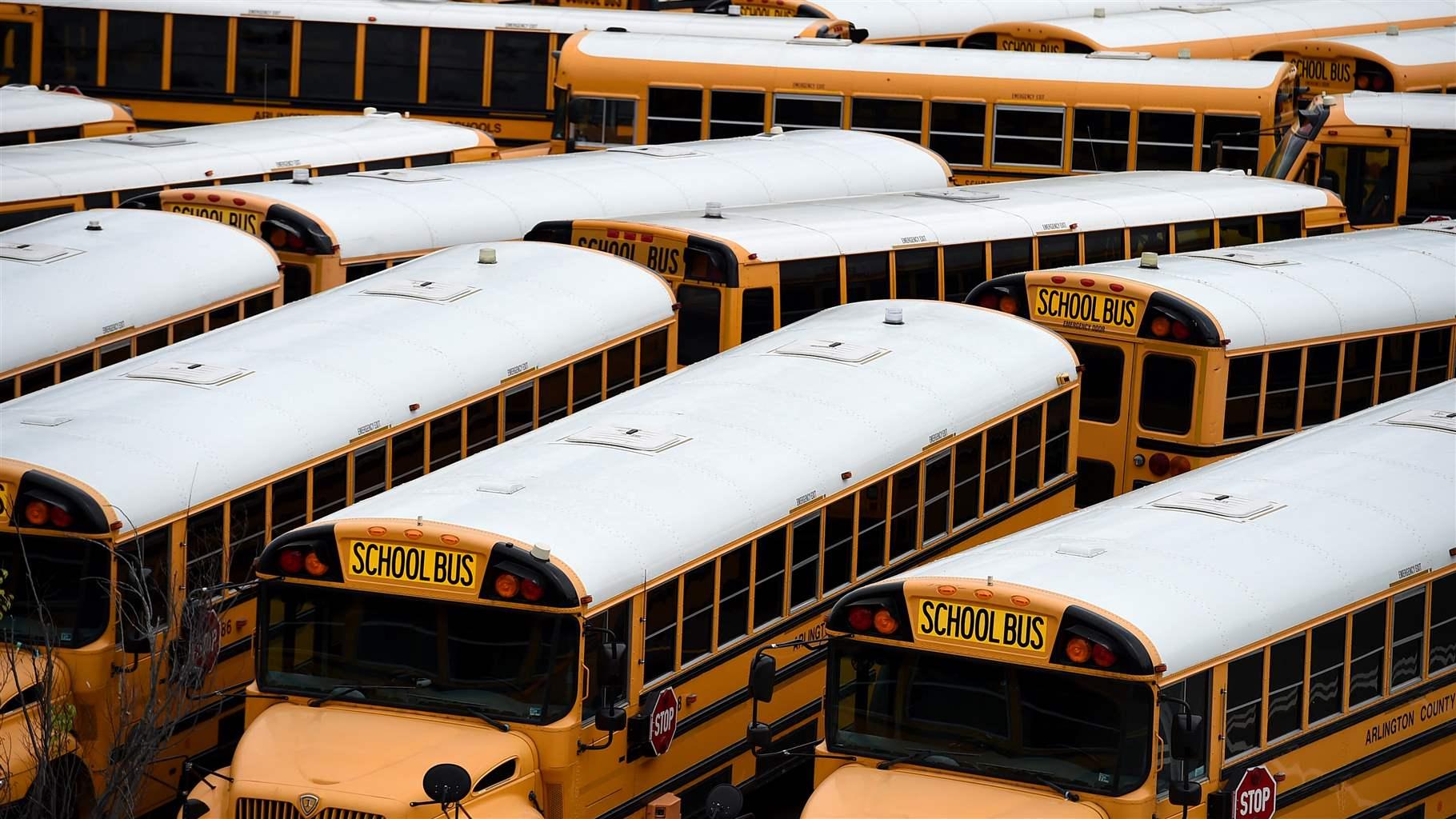 Around two dozen school buses—all parked and empty—crowd a parking lot.