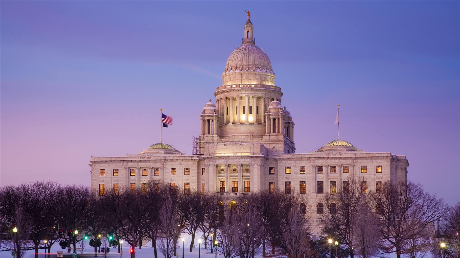 Rhode Island State House (state capitol building), winter sunset. Providence, RI (USA).