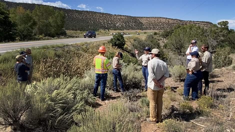 Ten people, one wearing the bright yellow vest and orange helmet of a highway worker and the others in casual clothing, stand near the shoulder of a two-lane highway amid brush and shrubs characteristic of the high desert: sage, juniper, and subtly flowering ground brush. A black SUV and a handful of other cars are on the highway, beneath a low mountain ridge beyond the far side of the road. 