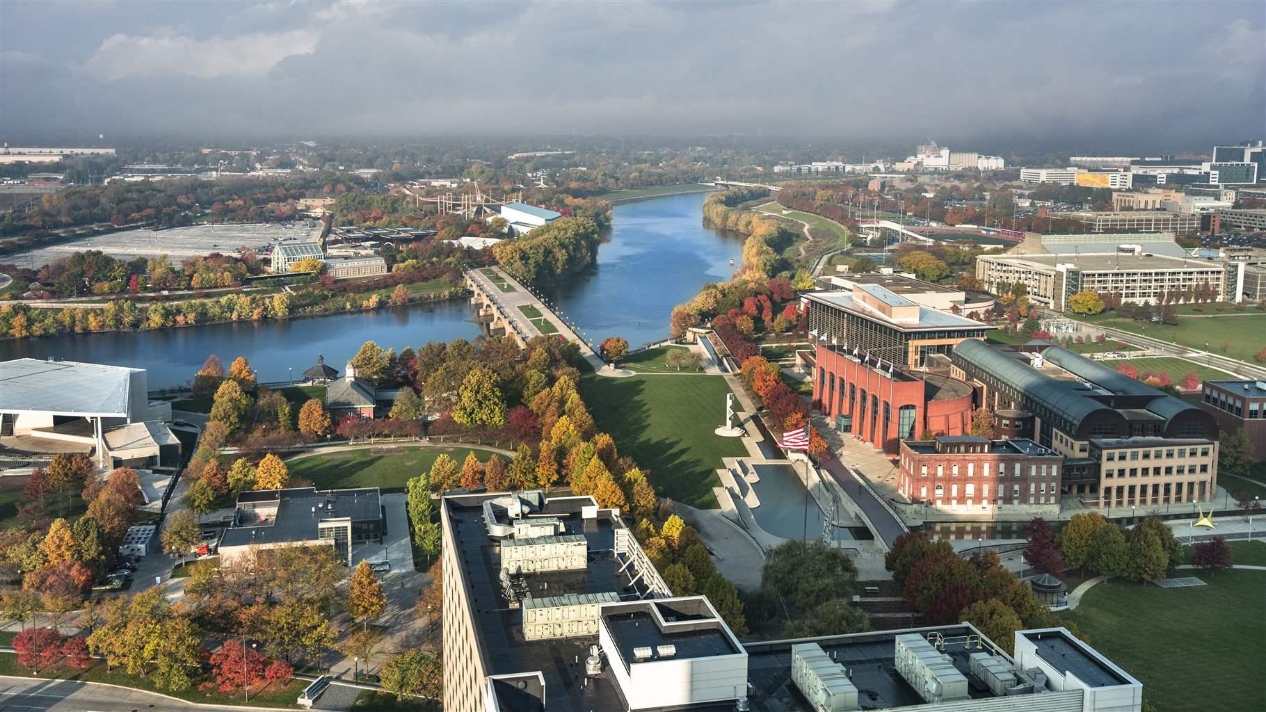 High angle aerial view of Indianapolis and the White River park