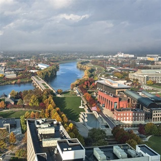 High angle aerial view of Indianapolis and the White River park