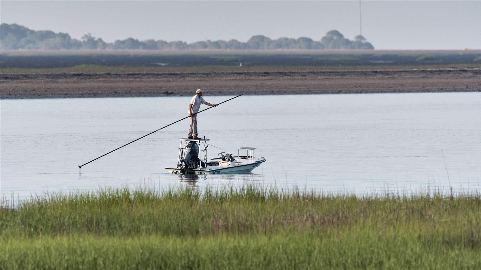 A man standing on an elevated platform on the back of a small, open-deck fishing boat uses a very long pole to push the boat through shallow waters in an area fringed by marsh grasses.