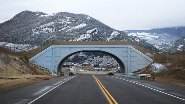  A two-lane highway with a yellow dividing line runs under an overpass built mostly of gray concrete. The highway extends toward a cluster of well-spaced homes at the foot of a snow-covered forested mountain.