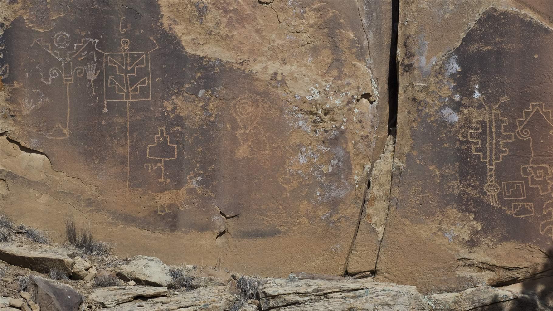 Various petroglyphs are visible, carved into a large flat rock face. The depictions include geometric patterns, wildlife, and spirals. Some native grasses and shrubs are present in the foreground among rocks.Various petroglyphs are visible, carved into a large flat rock face. The depictions include geometric patterns, wildlife, and spirals. Some native grasses and shrubs are present in the foreground among rocks.
