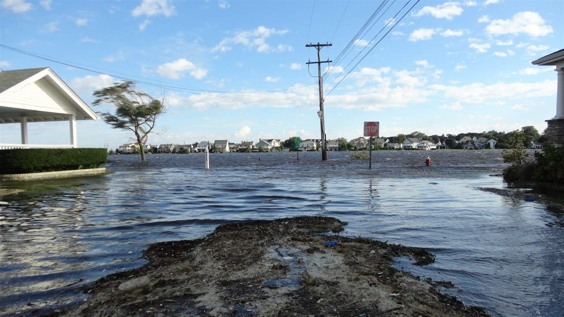 Floodwaters—and a patch of black-and-grey sludge—ripple over an unseen roadway. Part of an open-air pavilion is visible above the water, as are a tree, a utility pole and wires, a stop sign and a fire hydrant. A line of houses and trees are visible in the distant background.Floodwaters—and a patch of black-and-grey sludge—ripple over an unseen roadway. Part of an open-air pavilion is visible above the water, as are a tree, a utility pole and wires, a stop sign and a fire hydrant. A line of houses and trees are visible in the distant background.