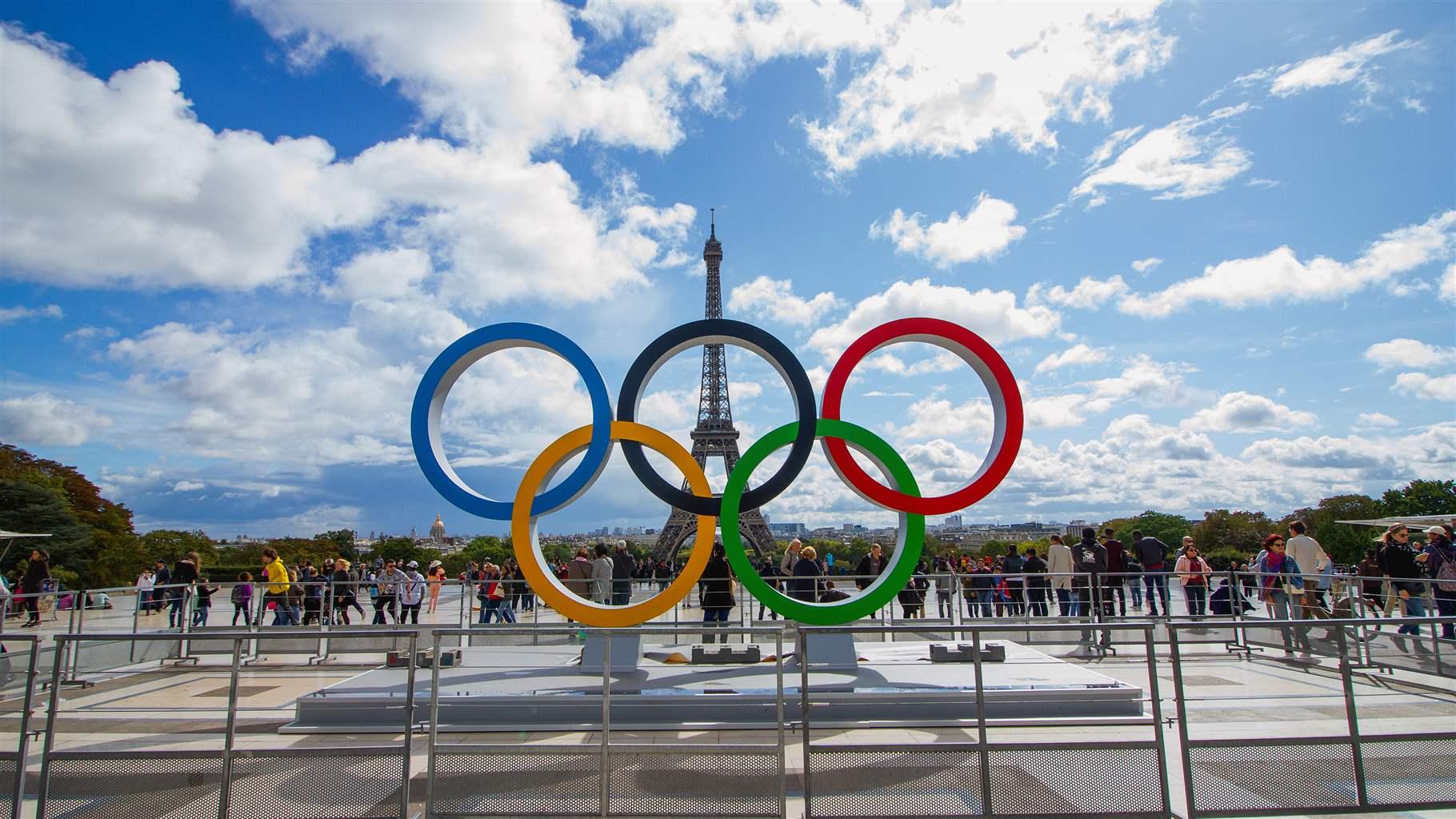 The Olympic Rings with the Eiffel Tower in the background in celebration of Paris’ winning bid to host the 2024 Summer Games. 