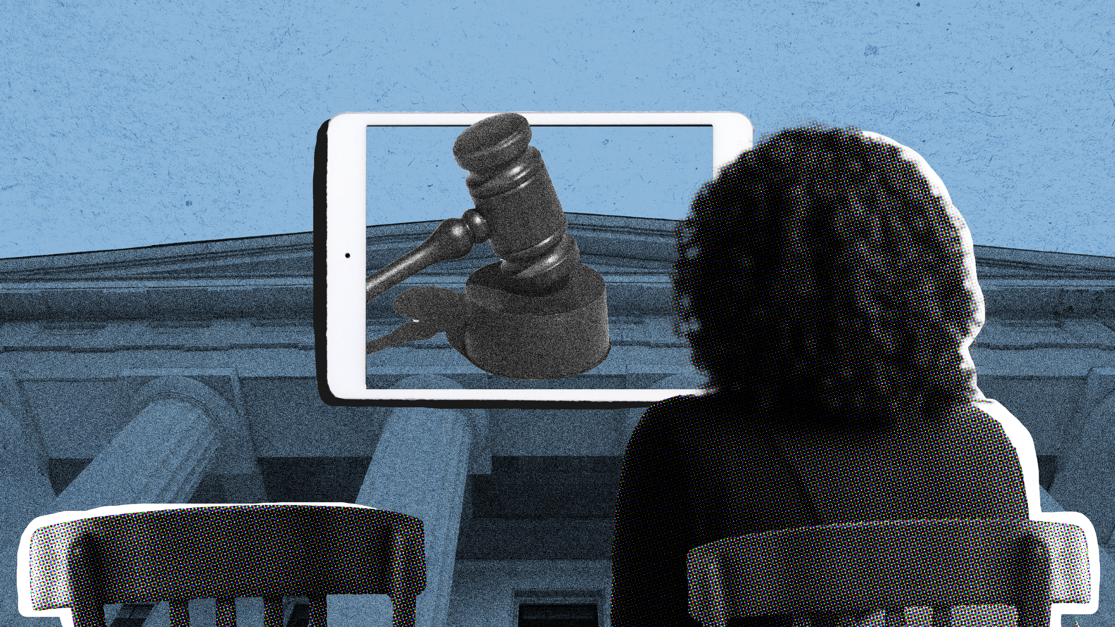 A photo illustration of an empty defendant’s chair, indicating that the person did not show for a virtual hearing, and the plaintiff’s lawyer sitting in a chair beside it. The one person faces forward toward an iPad with a gavel. The illustration has a blue background that shows the exterior of a courthouse. 