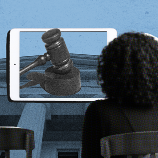 A photo illustration of an empty defendant’s chair, indicating that the person did not show for a virtual hearing, and the plaintiff’s lawyer sitting in a chair beside it. The one person faces forward toward an iPad with a gavel. The illustration has a blue background that shows the exterior of a courthouse. 