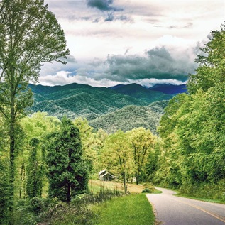 A two-lane road runs through hilly, forested terrain, with vibrant green grass and green- and yellow-leafed trees on each side of the pavement. A small house is visible at the bottom of the road, and  larger forested mountains fill the horizon beyond it.