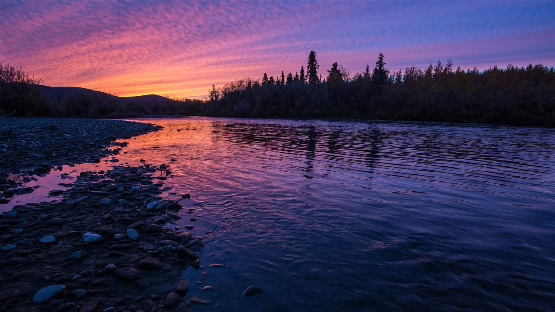 A river with trees in the background during a sunset. 