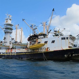 A large blue-and-white vessel, with some visible rust and other signs of wear, sits in a dark blue ocean at a port dock, set against a bright blue sky with fluffy white clouds. The vessel has many booms for nets and has a yellow raft attached to the side