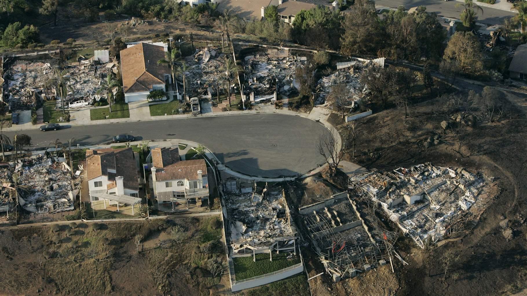 Aerial view showing a cul-de-sac at the edge of a neighborhood where most homes have been destroyed by wildfires. Some brown patches of land and stands of trees are also visible.