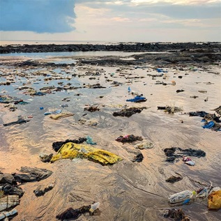 Multicoloured plastic and other debris are strewn across wet sand on a beach at low tide.