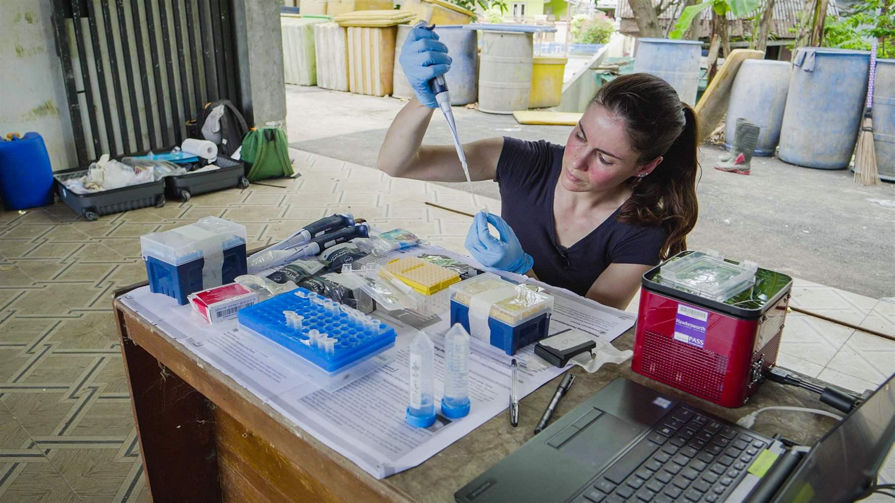 A woman holds a pipette in one hand while looking at the test tube in her other hand. She is sitting at a wooden desk with additional test tubes, a laptop, and various other items in front of her. 