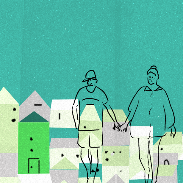 An illustration of a couple holding hands walking away from an outline of houses behind them