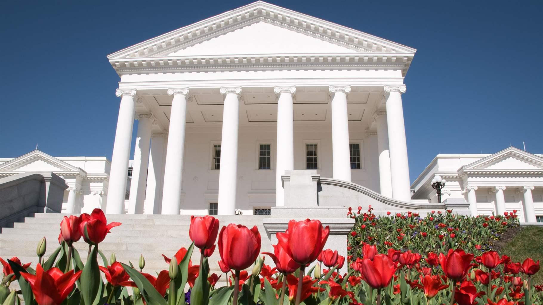A large white statehouse and a long, wide set of concrete stairs leading up to it rise over a hillside with a garden of red tulips blooming. The sky is cloudless and deep blue.