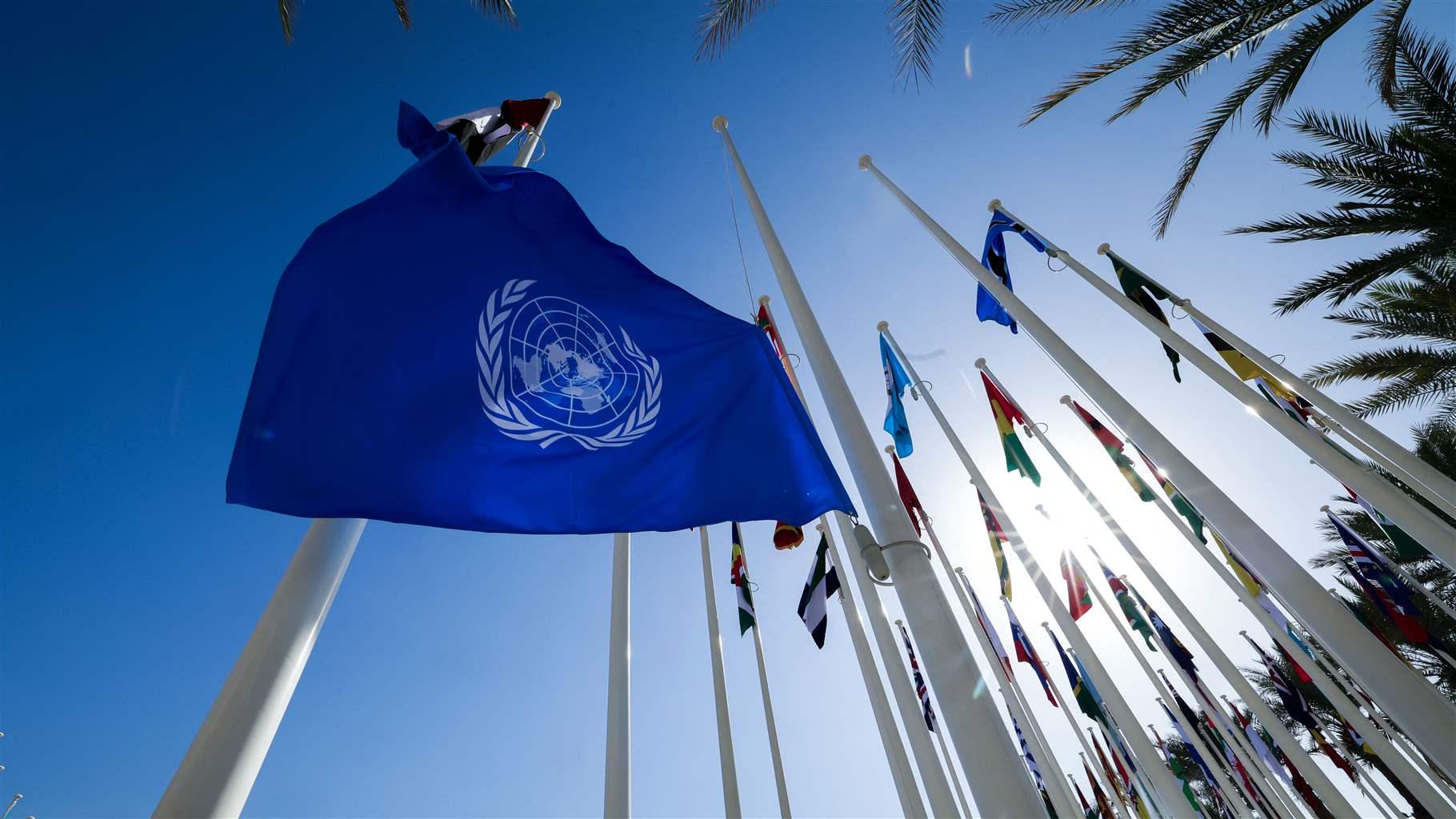 Under a bright blue sky, a blue and white flag of the United Nations is hoisted. Behind it, many other nations’ flags fly.