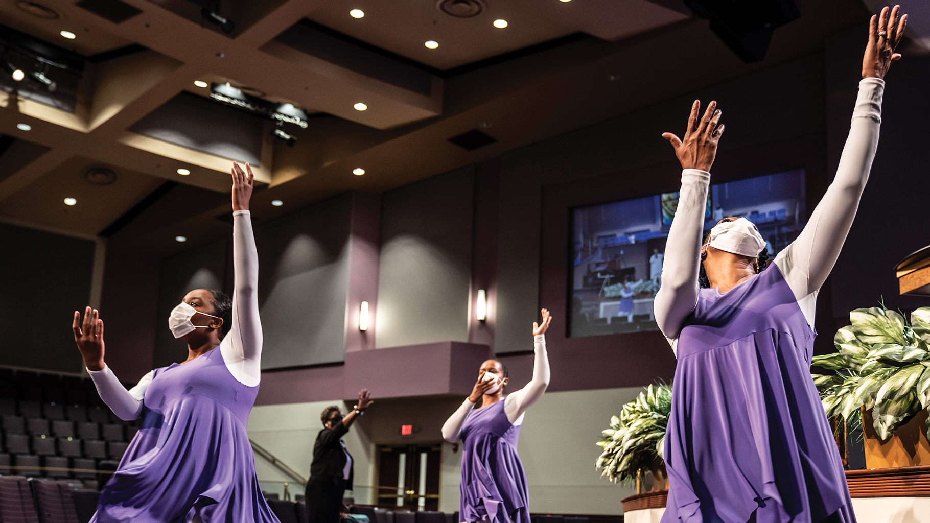 Praise dancers express spiritual joy during the services at First Baptist Church of Highland Park, which also feature gospel singers.