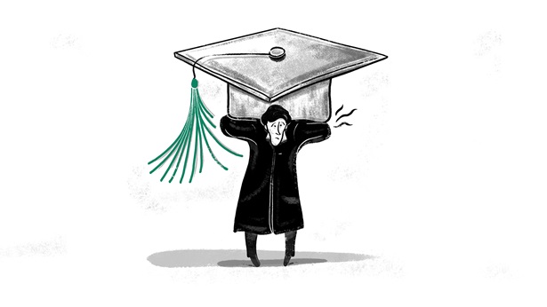 An illustration of a graduate in cap and gown with the weight of the cap on their shoulders.