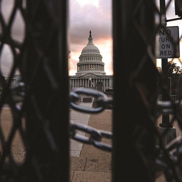 The capitol building seen through a chained gate
